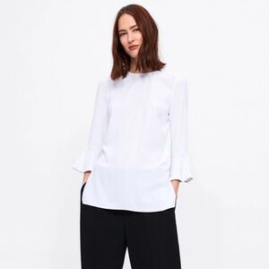 Zara NWT- Shiny Top with Ruffled Sleeve Jewel Trim Applique